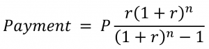 Payment = P*((r(1+r)^n)/((1+r)^n-1))